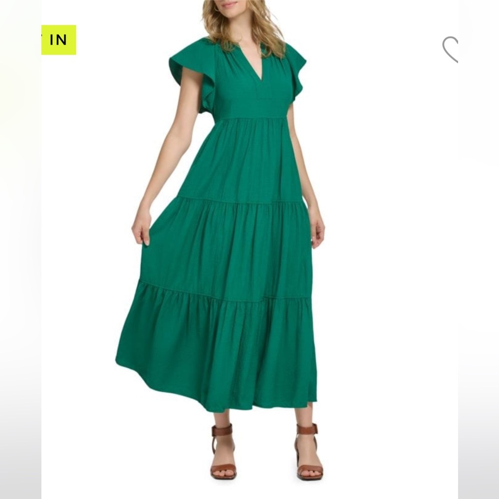Calvin Klein summer tiered maxi green textured dress, size 16.